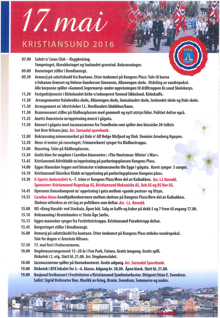 Program for arrangement i Kristiansund kommune 17. mai 2016.