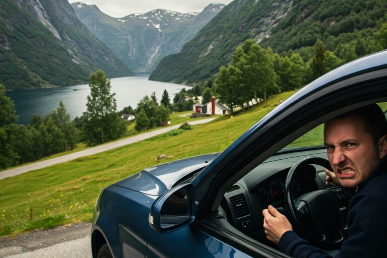 Illustrasjon av sinna norsk sjåfør. KI-generert bilde fra Gemini+
