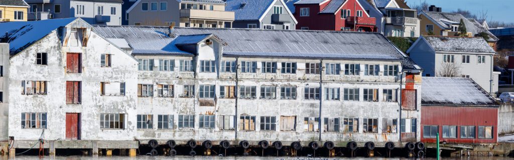 Krykkjer ved gamle bygg på Gomalandet i Kristiansund. Foto: Steinar Melby, KSU.NO